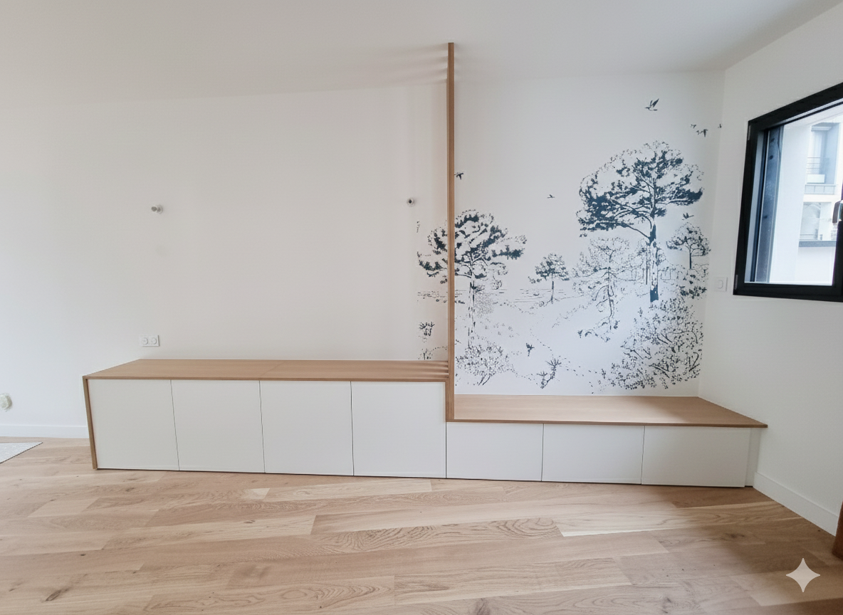 Claustra en chêne massif séparant l'entrée du salon avec vue sur le papier peint panoramique