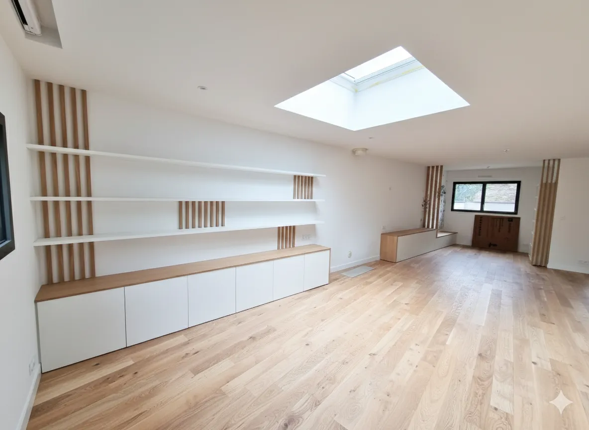 Agencement salon sur mesure à Anglet avec parquet chêne Panaget, tasseaux et claustra