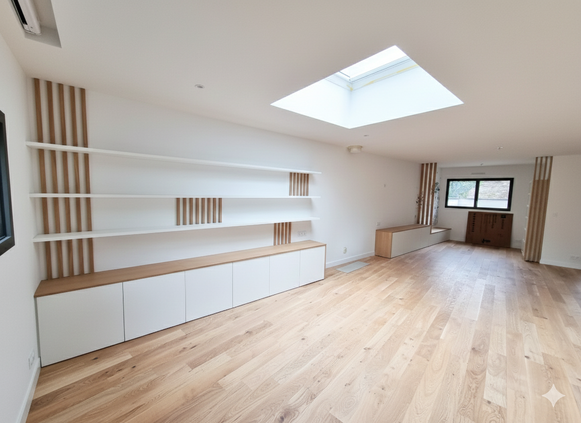 Agencement salon sur mesure à Anglet avec parquet chêne Panaget, tasseaux et claustra