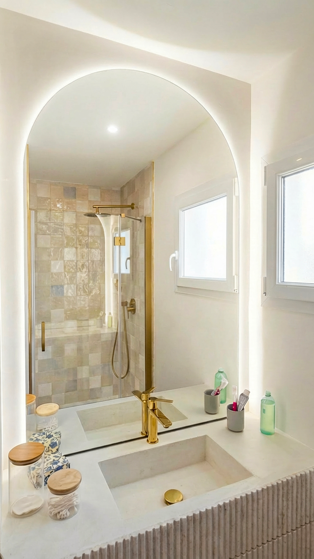 Rénovation salle de bain Biarritz - béton ciré artisanal, robinetterie Grohe laiton et miroir arche LED