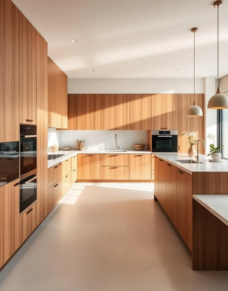 Cuisine moderne sur mesure avec îlot central et menuiseries en bois naturel à Anglet