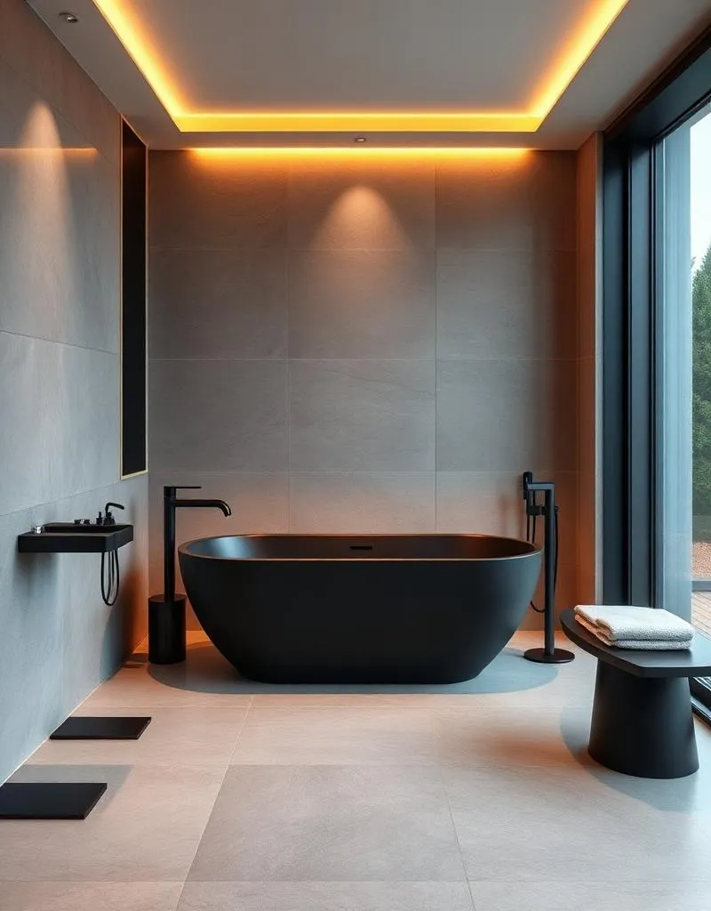 Salle de bain moderne avec robinetterie noire Grohe et baignoire îlot à Bayonne