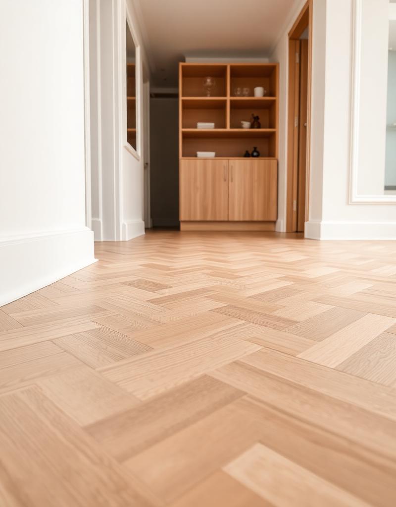 Parquet en chêne clair posé en point de Hongrie dans un intérieur moderne au Pays Basque