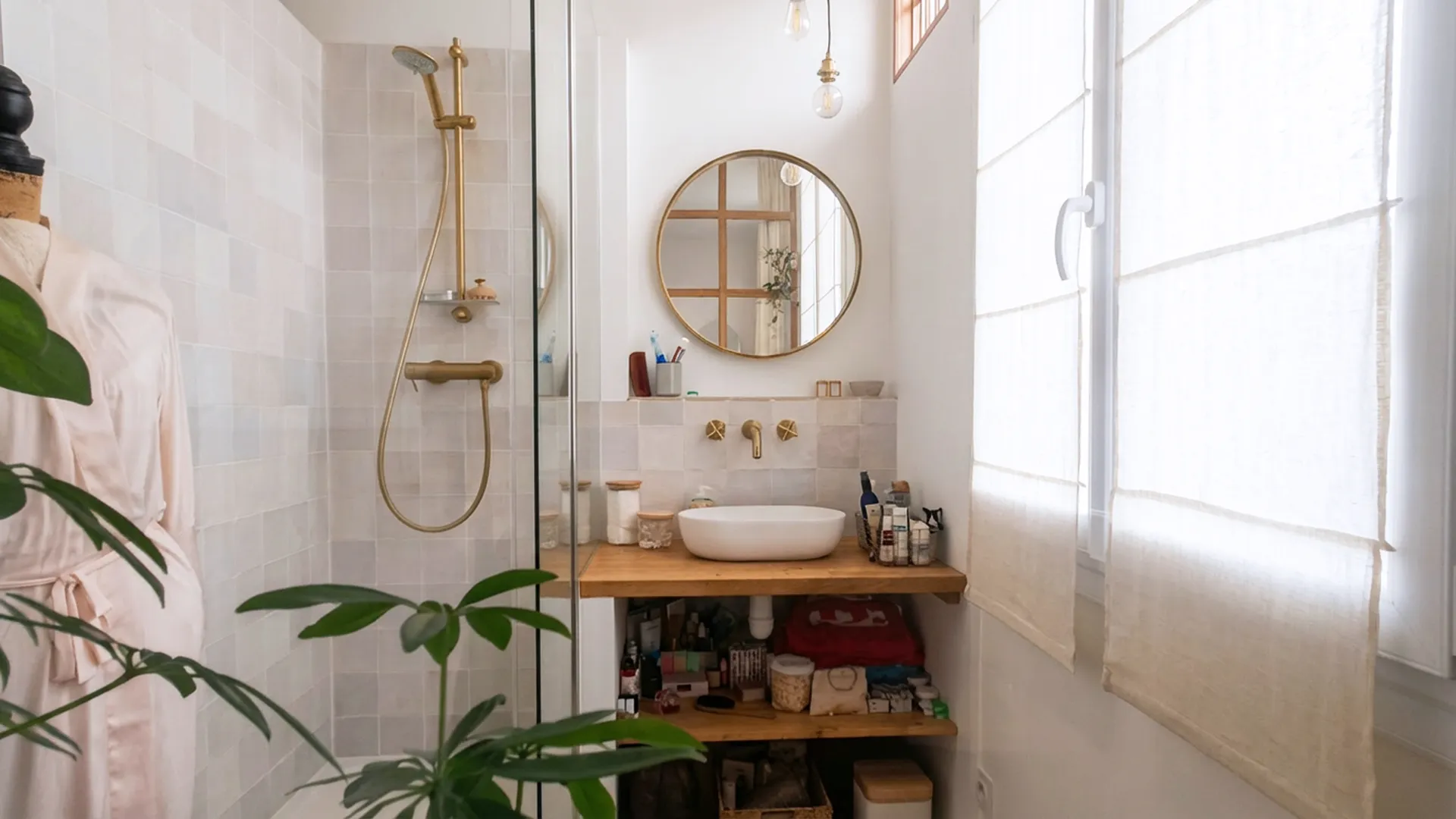 Salle d'eau épurée avec robinetterie dorée et vasque sur plan bois massif appartement Biarritz